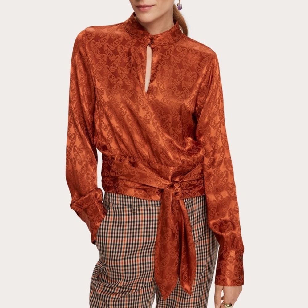 Scotch & Soda Starwatcher Paisley Tie waist Blouse cinnamon brown preppy luxury